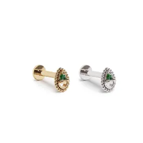 14K Gold Emerald Tear Drop Beaded Stud