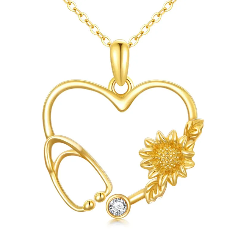 14K Gold Stethoscope Necklace Heart-Shaped Stethoscope Pendant Necklace for Doctor Nurse Medical Student Gifts