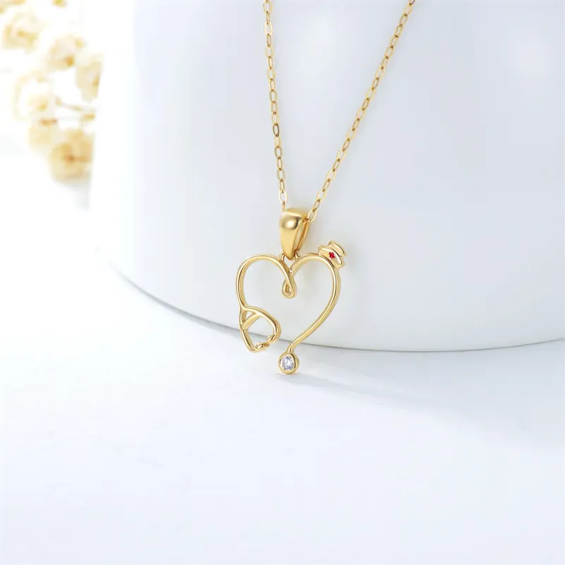 14K Gold Stethoscope Necklace Heart-Shaped Stethoscope Pendant Necklace for Doctor Nurse Medical Student Gifts