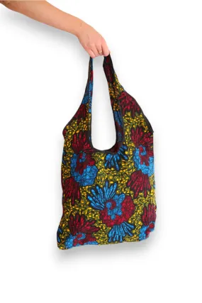 AFRI BEADS FABRIC SHOPPING BAG  BLUE/RED FLOWER