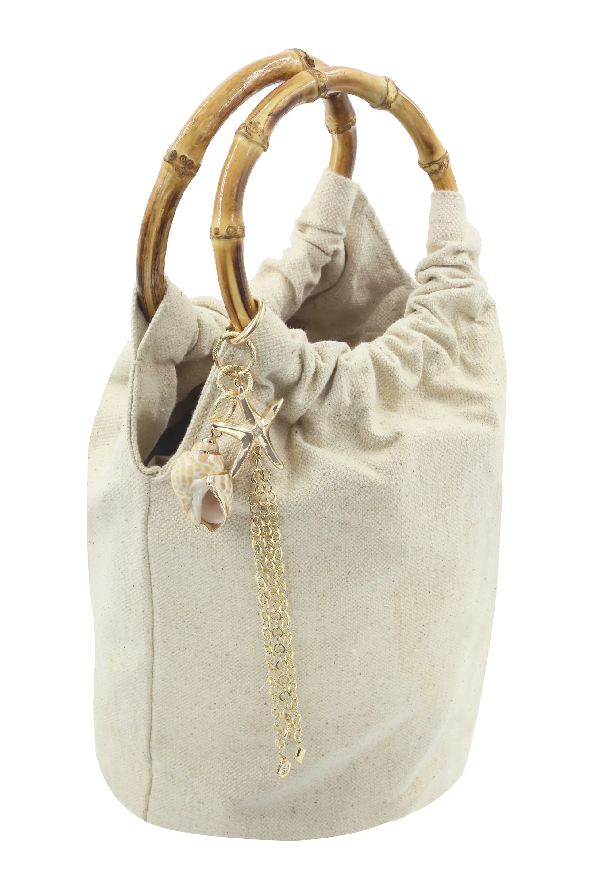 Beige Bucket Bag with Starfish & Shell Tassel