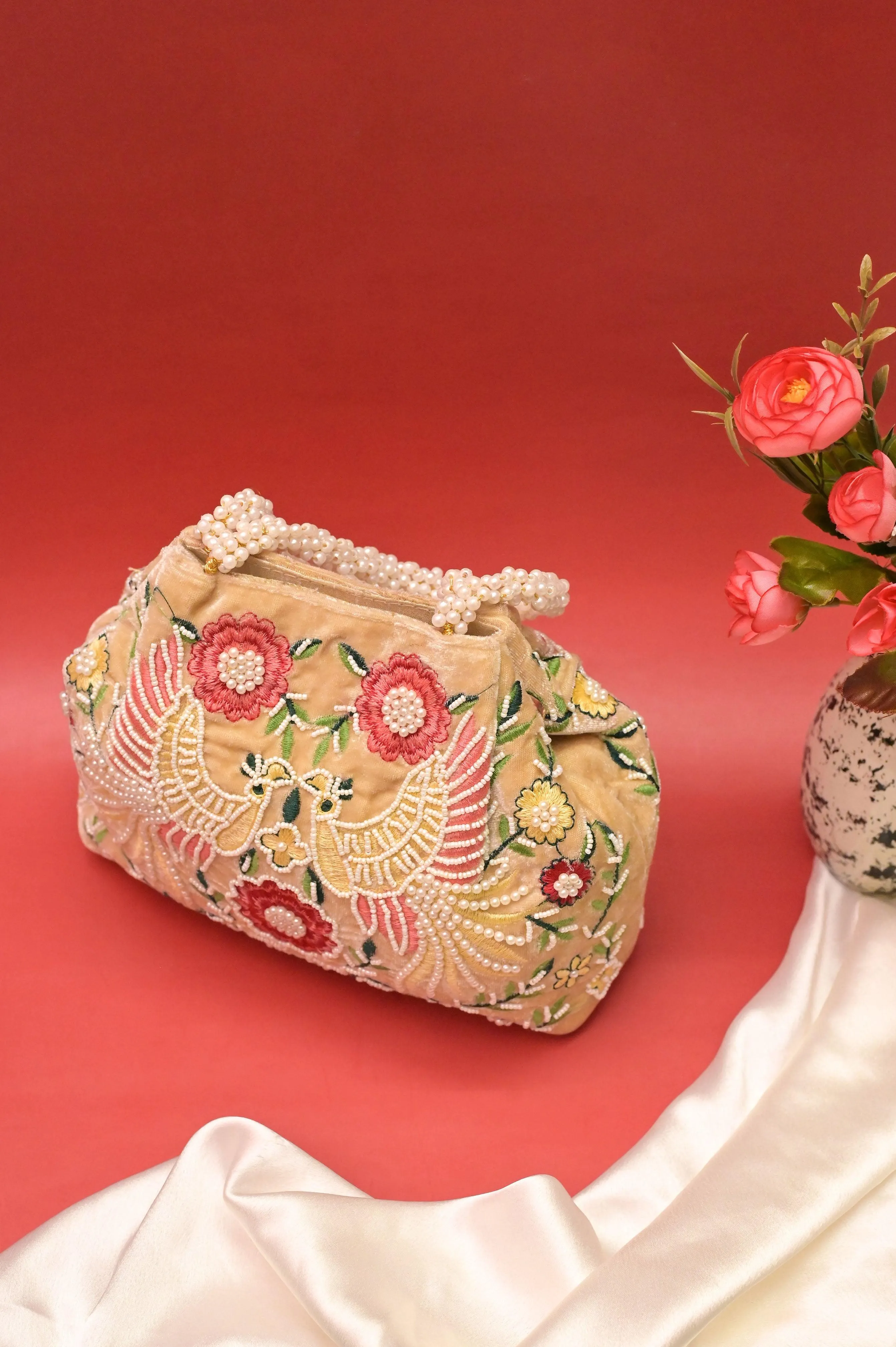 Beige Color Clutch Bag with Parsi Embroidery & Pearl Work