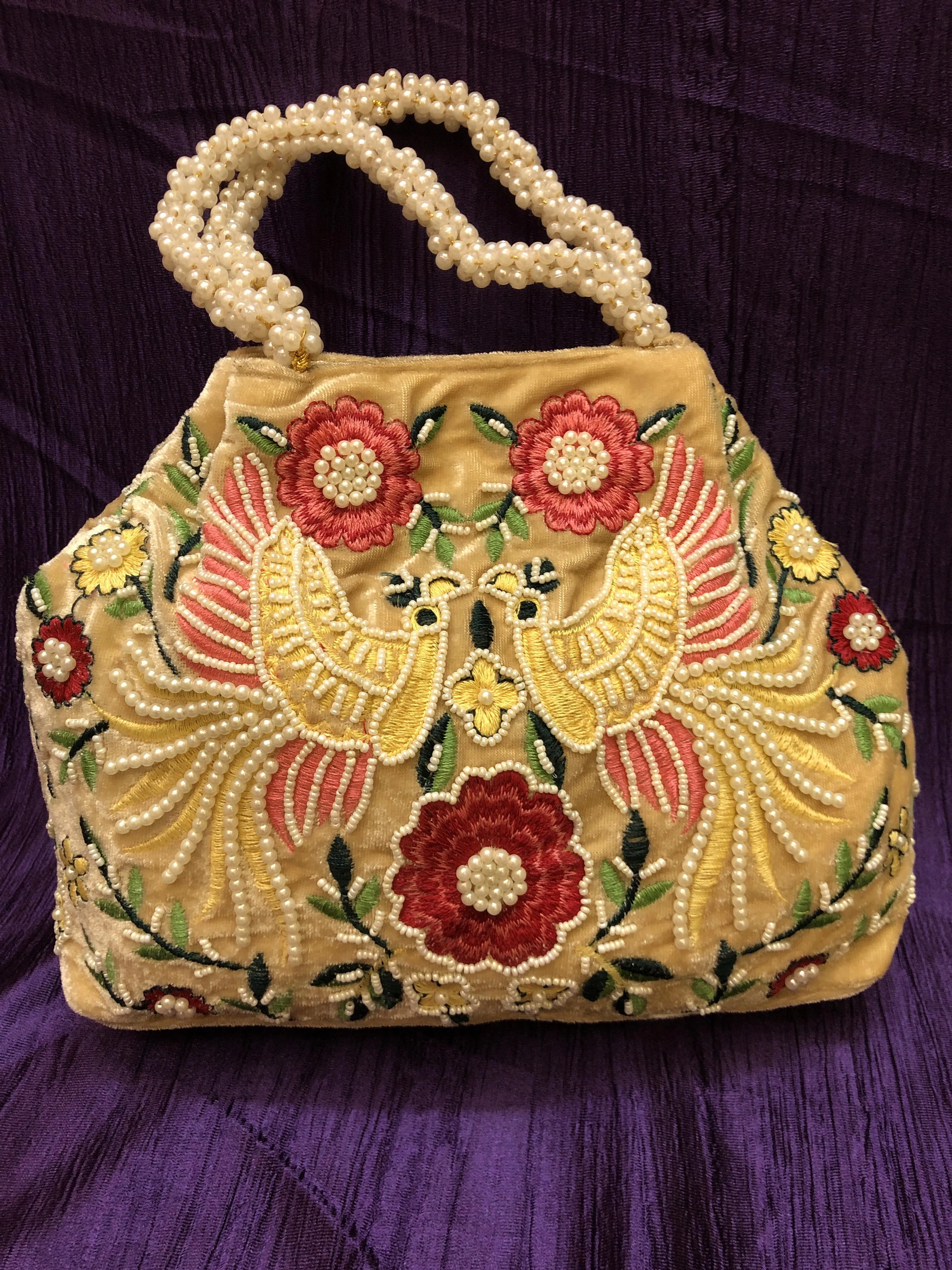 Beige Color Clutch Bag with Parsi Embroidery & Pearl Work