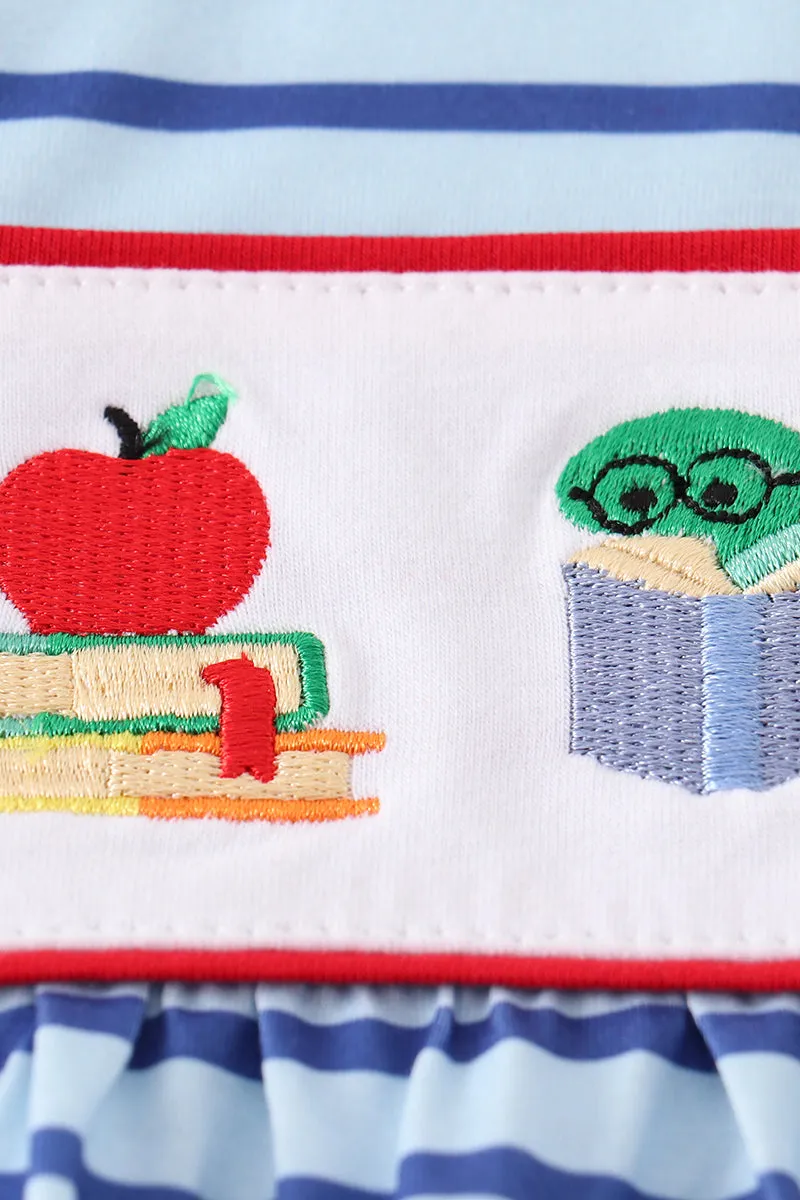 Blue stripe back to school embroidery girl bubble