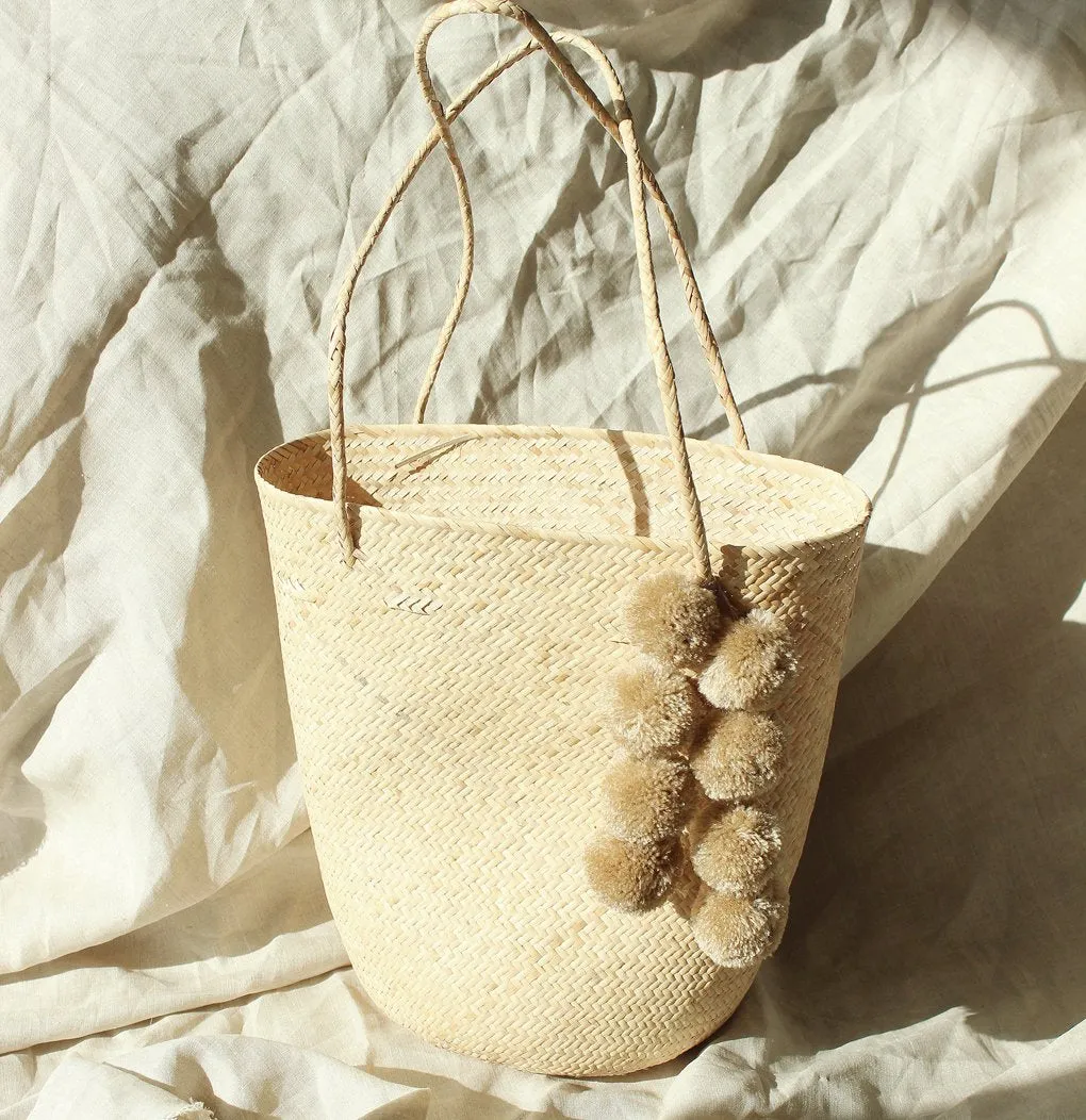 Borneo Serena Straw Tote Bag With Nude Beige Pom-Poms