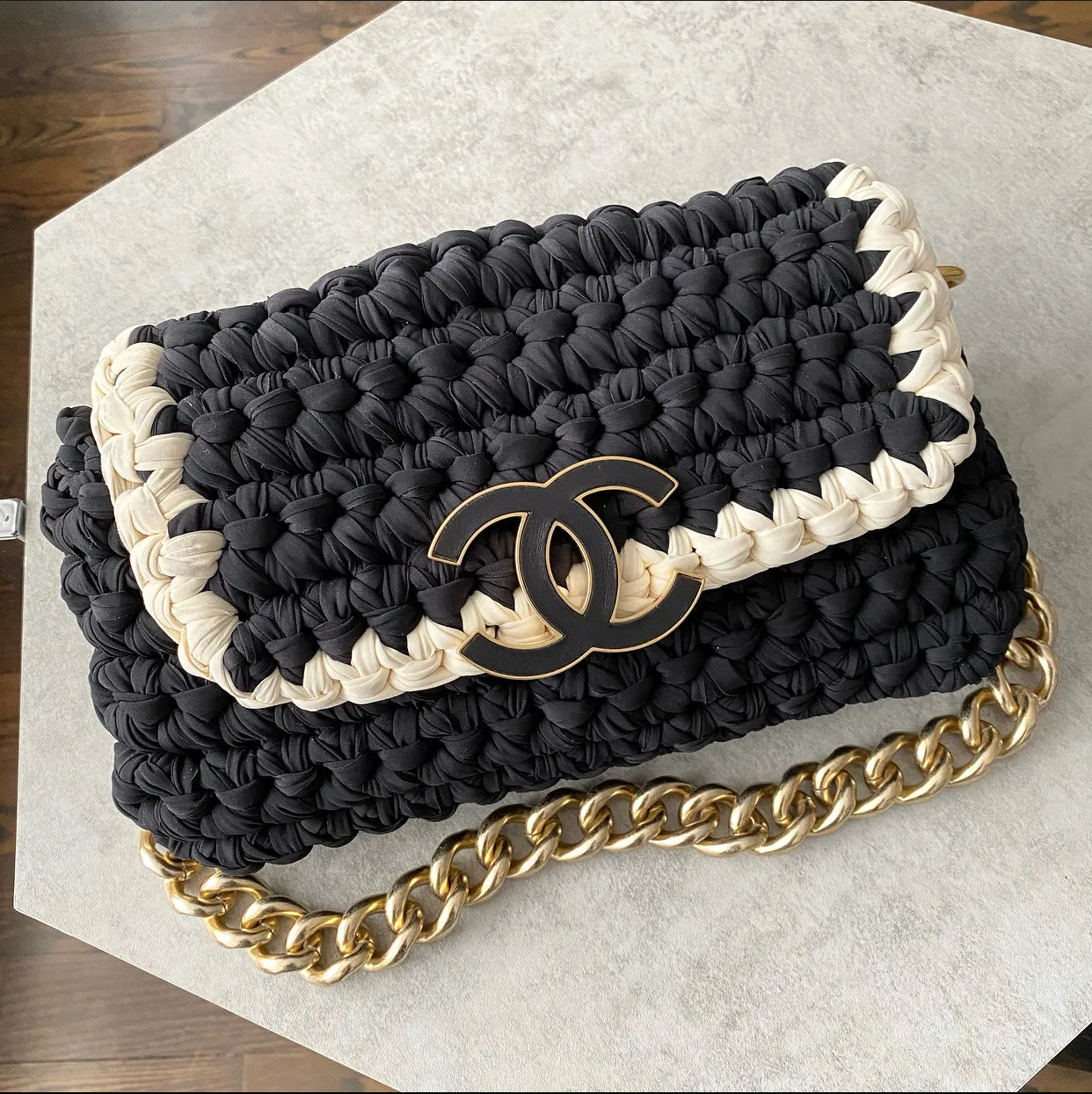 Chanel Fancy Crochet Small Black and Ivory Flap Bag