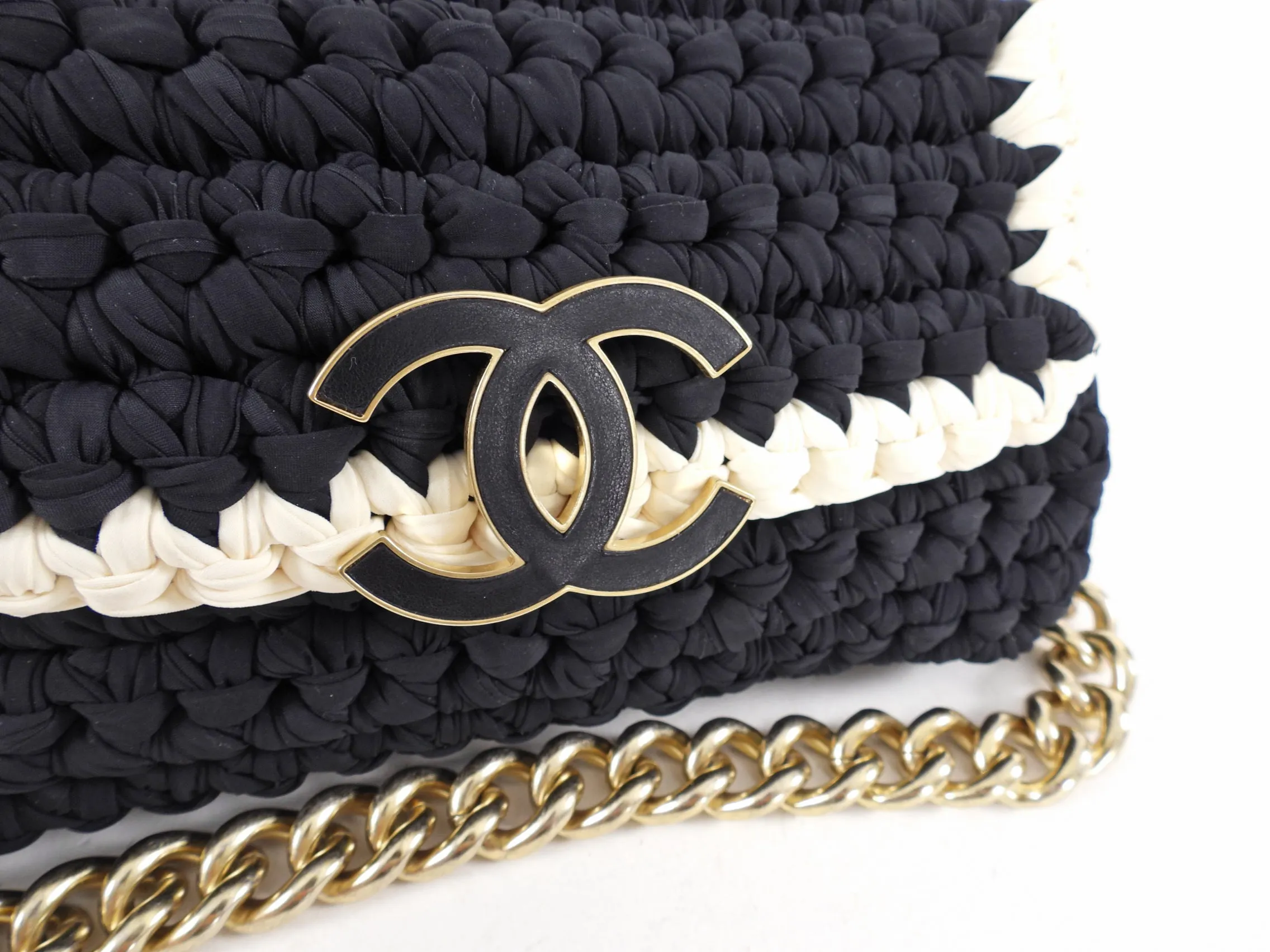 Chanel Fancy Crochet Small Black and Ivory Flap Bag