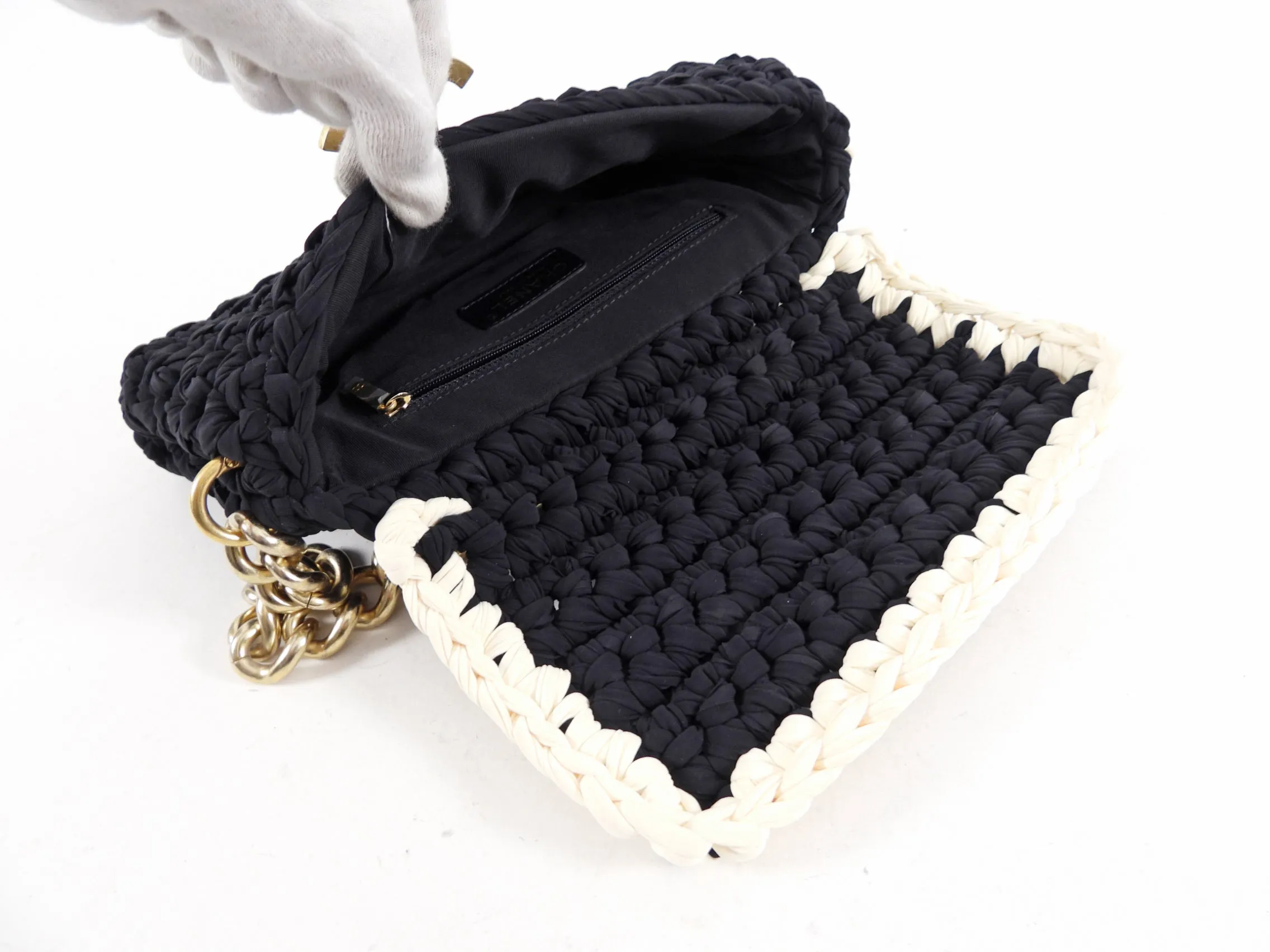 Chanel Fancy Crochet Small Black and Ivory Flap Bag