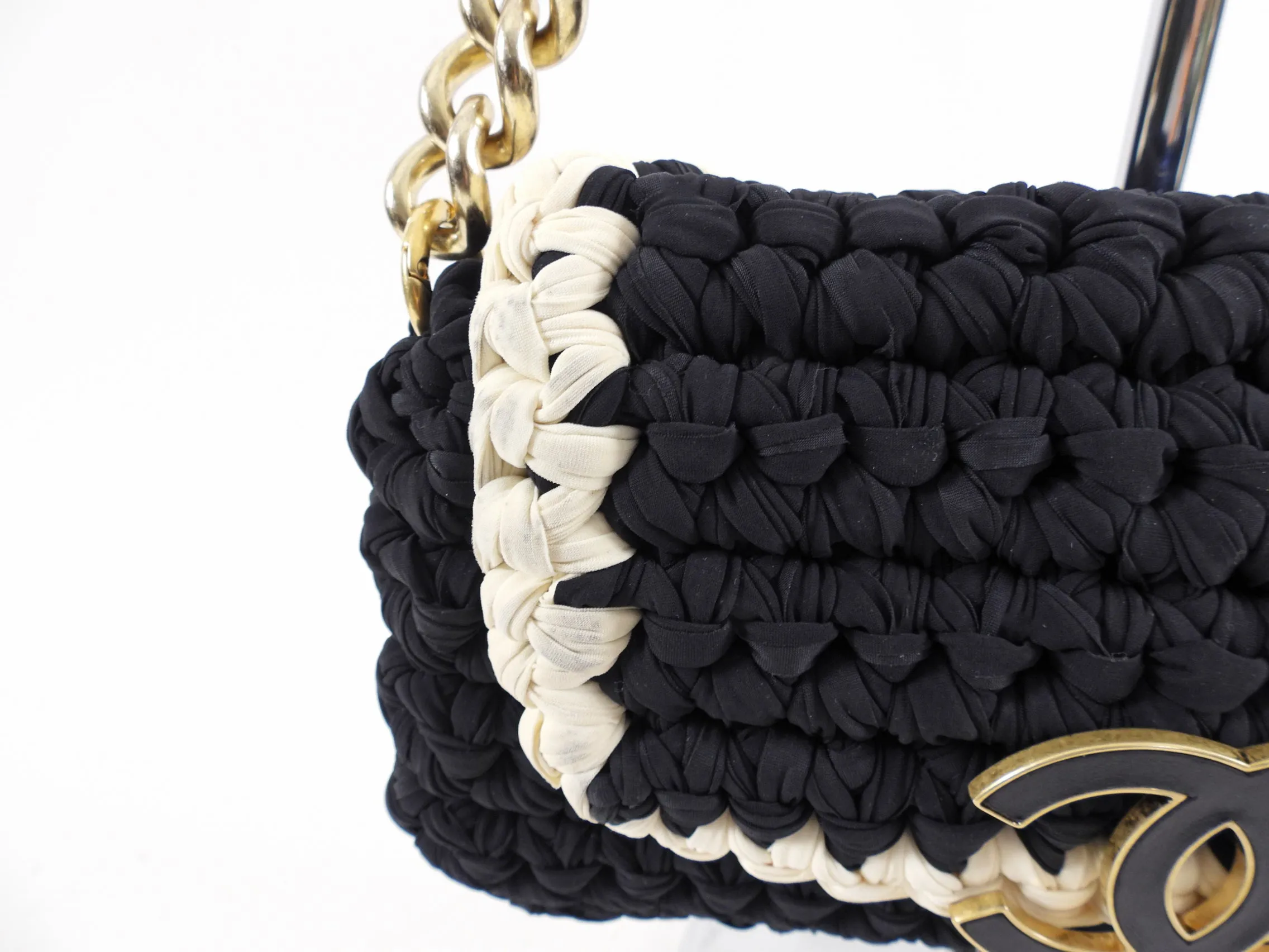 Chanel Fancy Crochet Small Black and Ivory Flap Bag