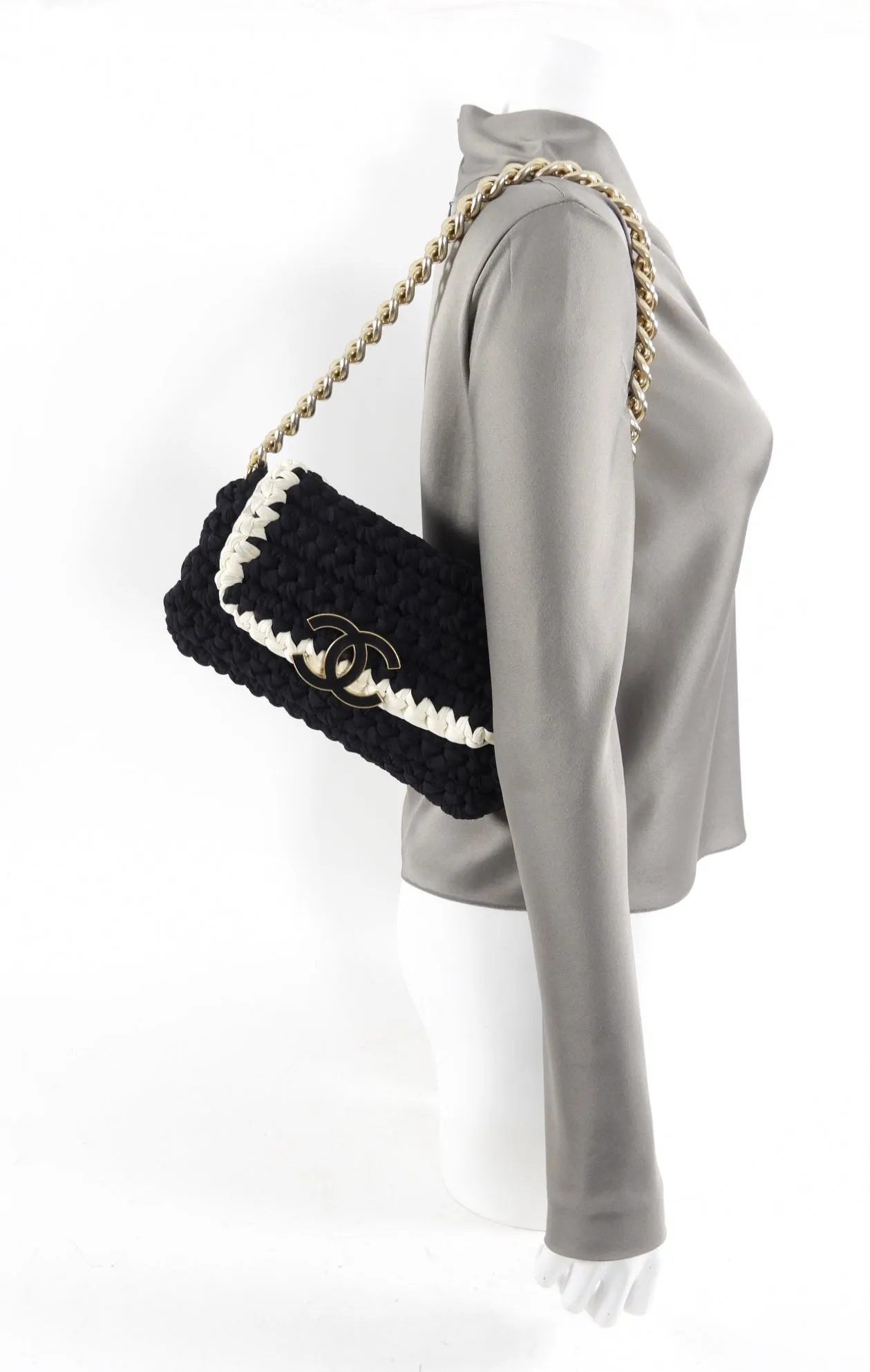 Chanel Fancy Crochet Small Black and Ivory Flap Bag