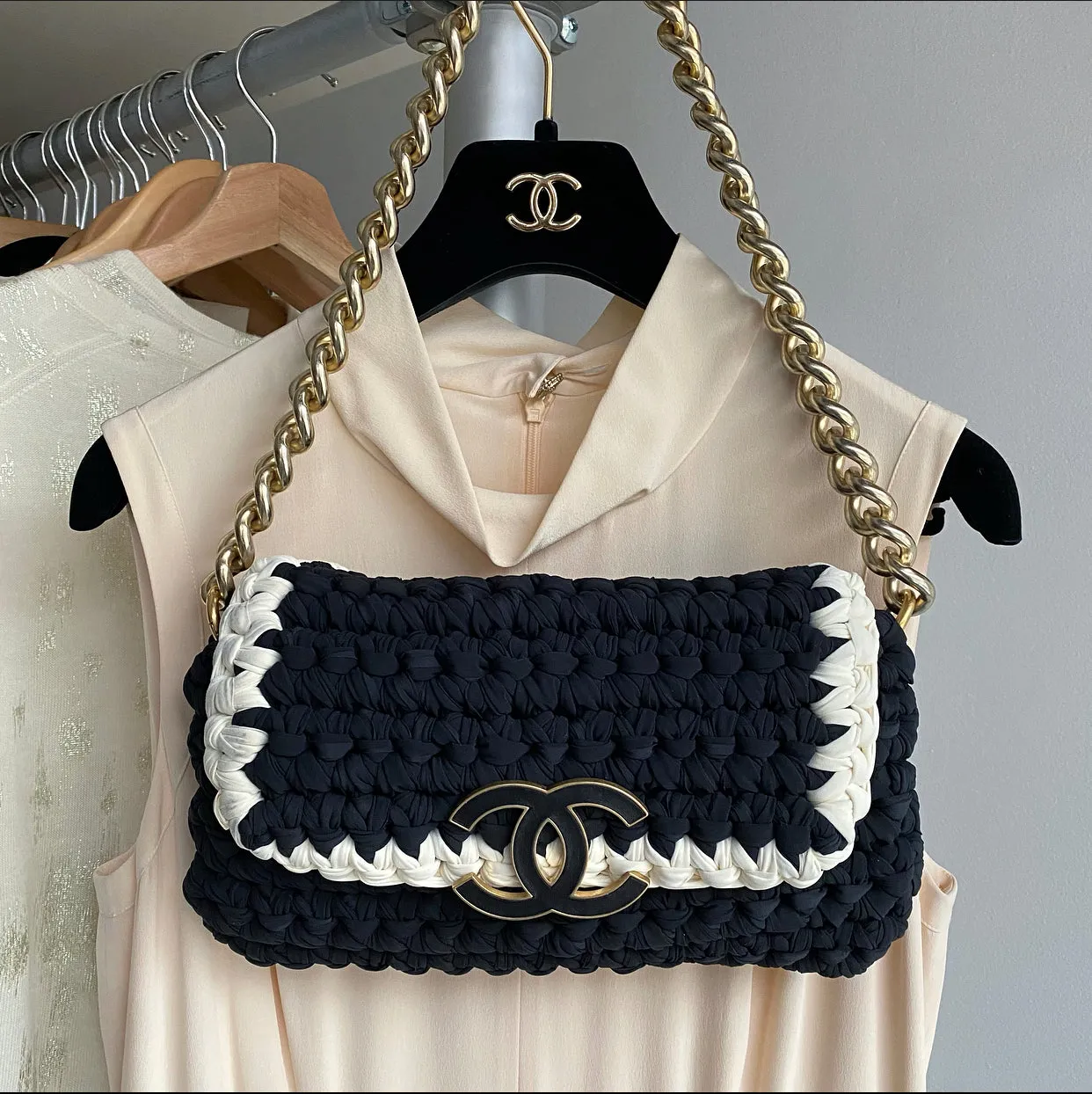 Chanel Fancy Crochet Small Black and Ivory Flap Bag