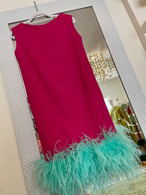 Cheeky Upcycled Fushia Column Dress with Feathers