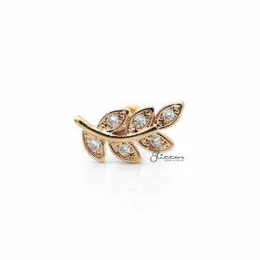 C.Z Paved Leaf Internally Threaded Top Cartilage/Tragus Flat Back Stud - Gold