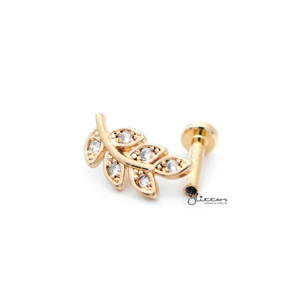 C.Z Paved Leaf Internally Threaded Top Cartilage/Tragus Flat Back Stud - Gold