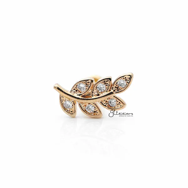 C.Z Paved Leaf Internally Threaded Top Cartilage/Tragus Flat Back Stud - Gold