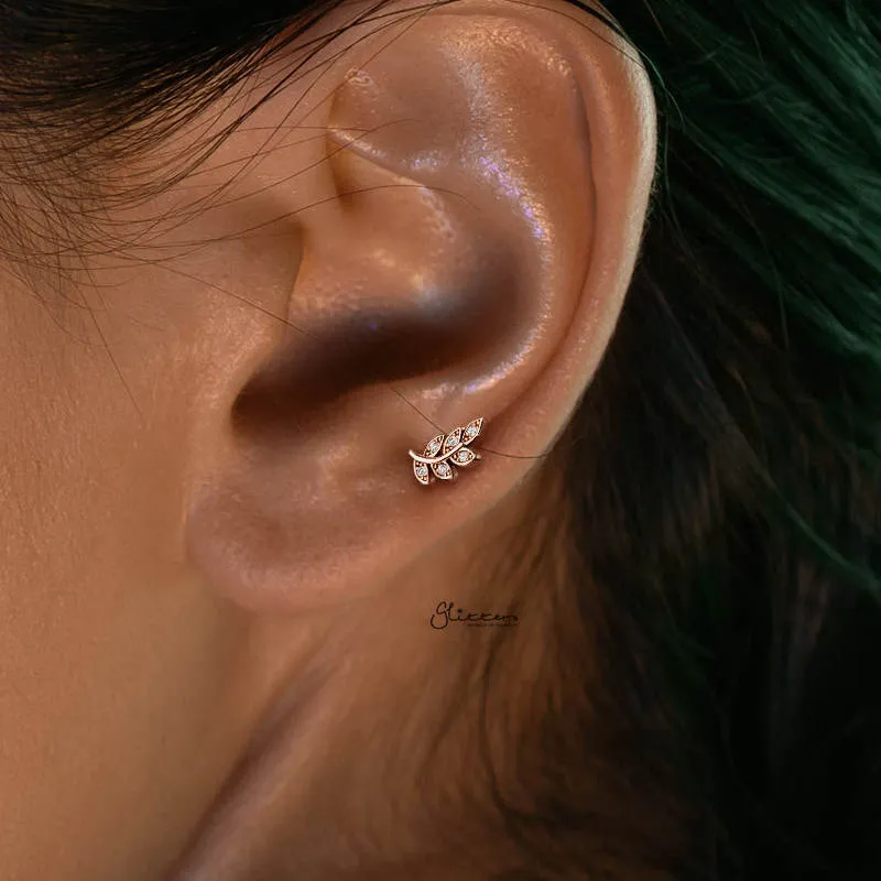 C.Z Paved Leaf Internally Threaded Top Cartilage/Tragus Flat Back Stud - Gold