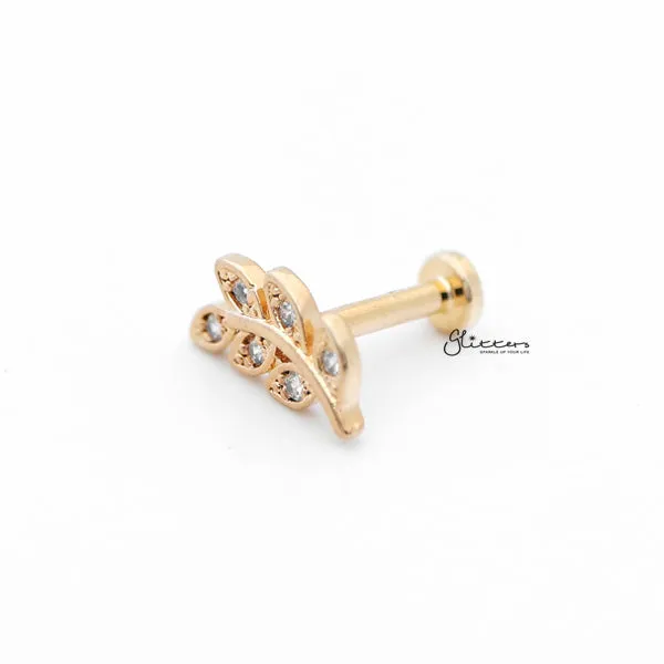 C.Z Paved Leaf Internally Threaded Top Cartilage/Tragus Flat Back Stud - Gold