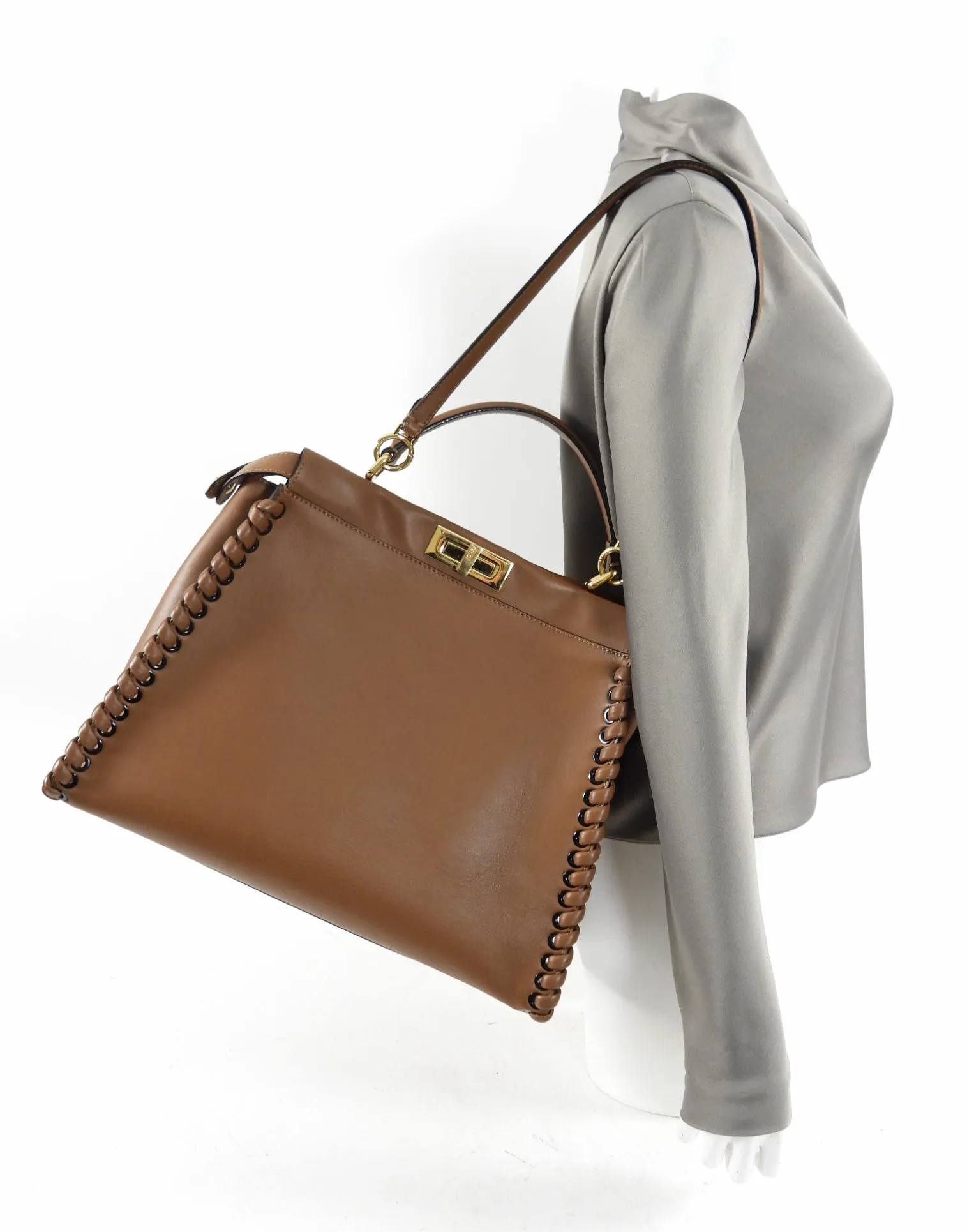 Fendi Large Brown Leather Whipstitch Peekaboo Bag