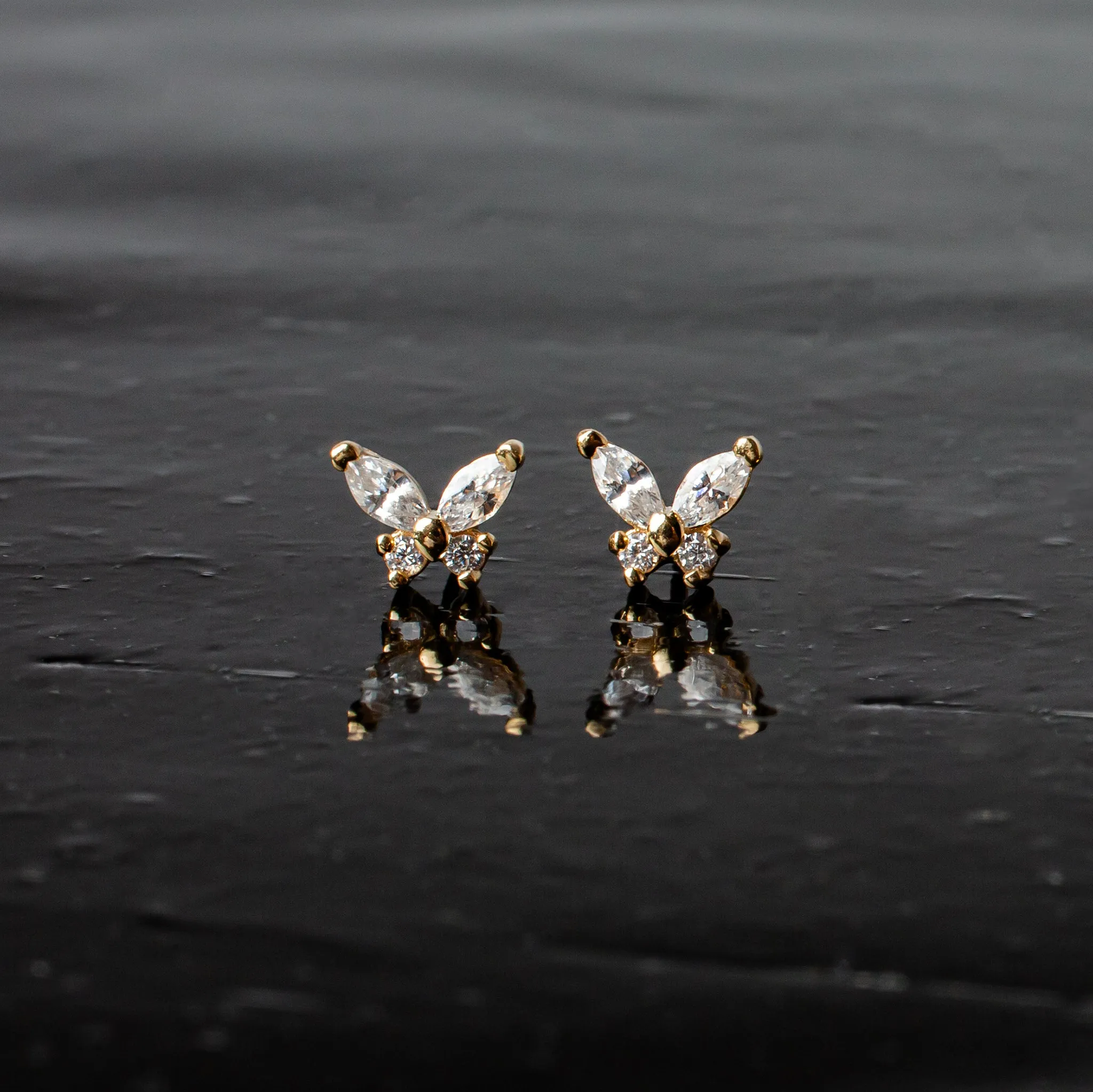 Flutter Crystal Butterfly Flat Back Sleeper Earrings - 14K Solid Gold