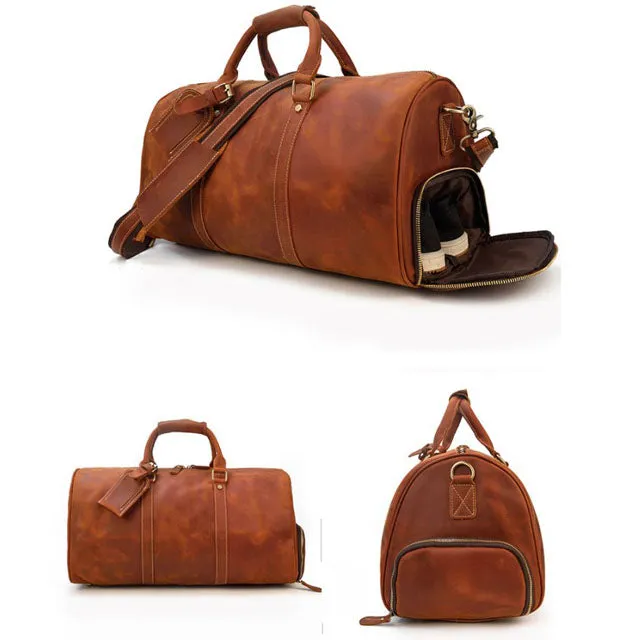 Genuine Leather Cowhide Travel Bag with Shoe Pouch