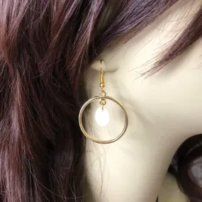 Gold Hoop and White Shell Dangle Earrings