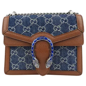 Gucci GG Monogram Denim and Brown Leather Mini Dionysus Chain Flap Crossbody Shoulder Bag