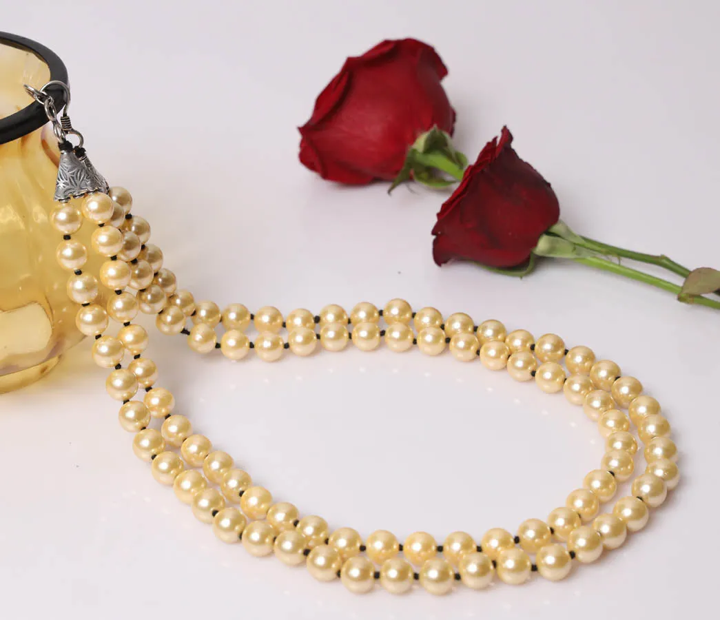 Imeora Double Line Knotted Golden Shell Pearl Necklace