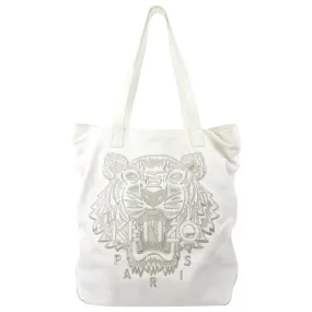 Kenzo Paris White Leather Tiger Logo Embroidered Tote