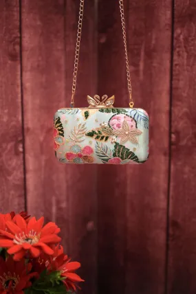 Light Metal Green Color Designer Clutch with Zardozi Work and Digital Print