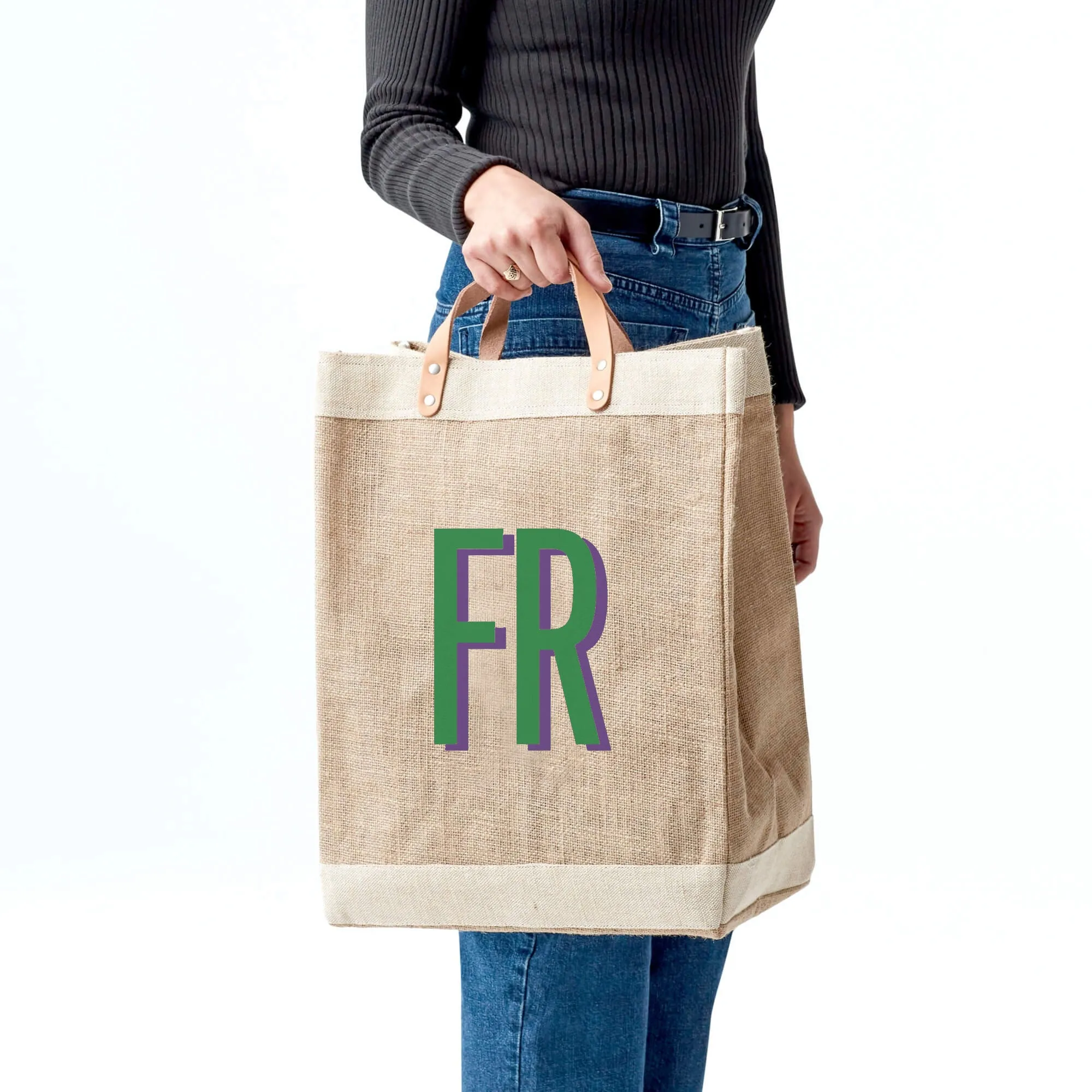 Market Bag in Natural with Large Green Monogram