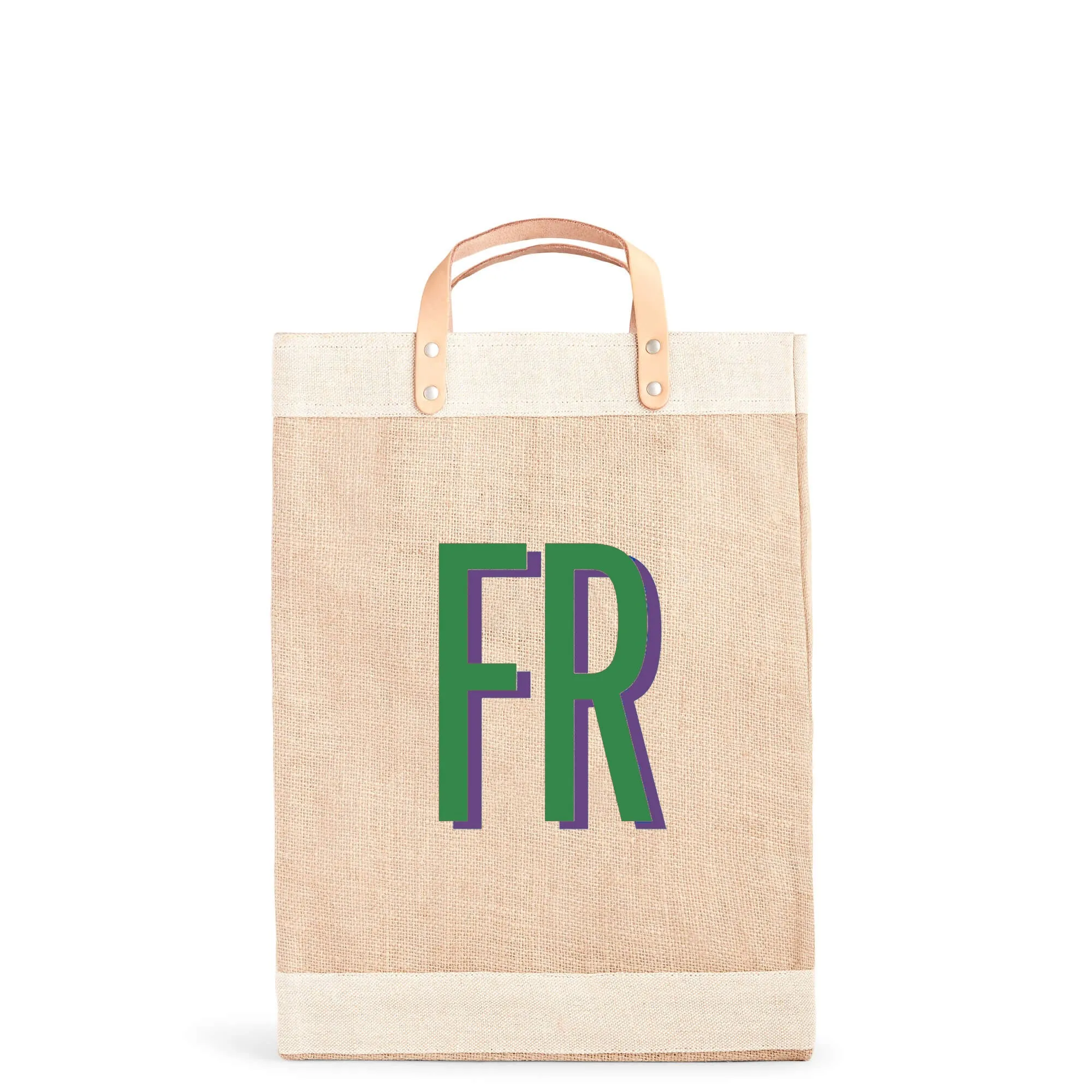 Market Bag in Natural with Large Green Monogram