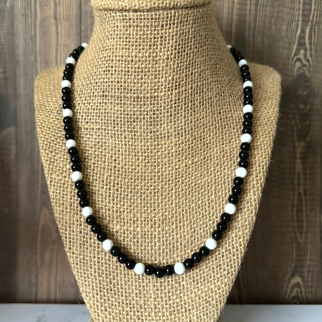 Mens Black Onyx and White Shell Beaded Necklace