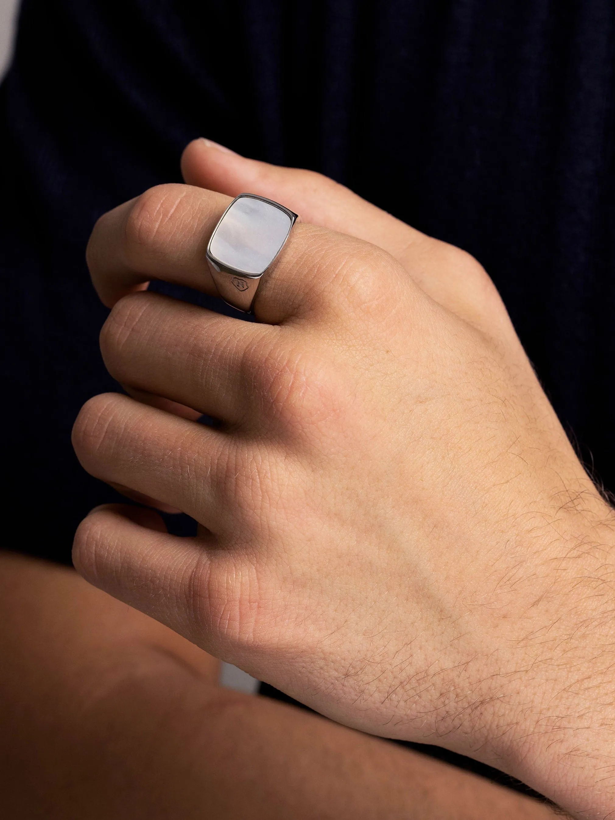 Men's Silver Signet Ring with Natural White Shell