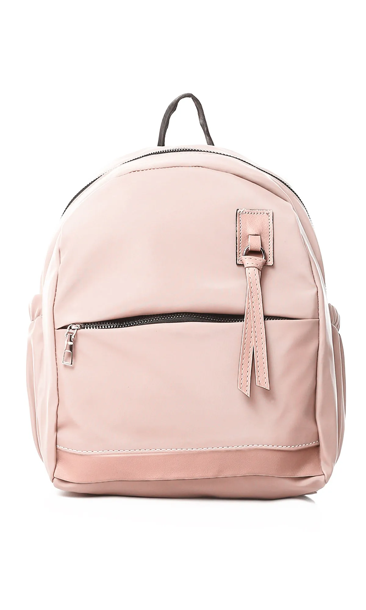 O181041 Solid Zipped Backpack With Outer Pocket - Nude Pink